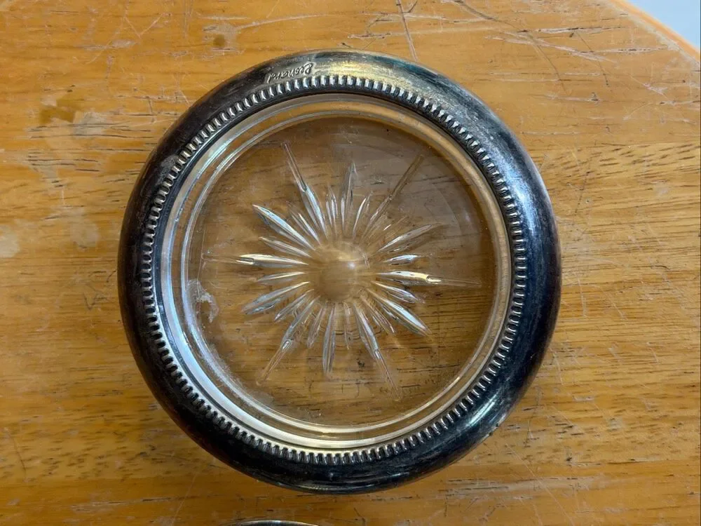 Leonard Silverplate Crystal Glass Coasters Set of 2 Starburst Beaded Rim (9255)